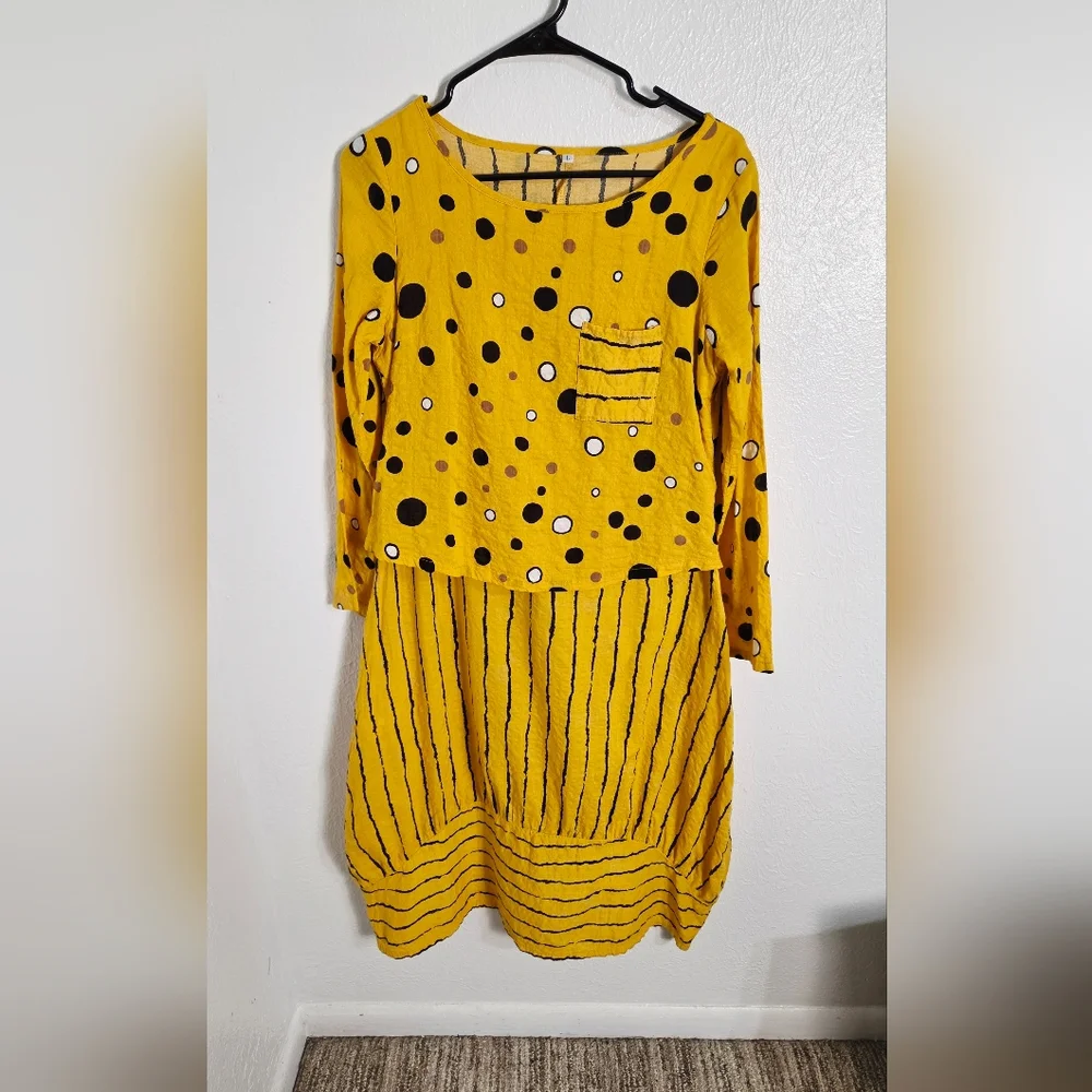 Yellow Long Sleeve Polka Dot & Stripe Midi Dress (fits like M)